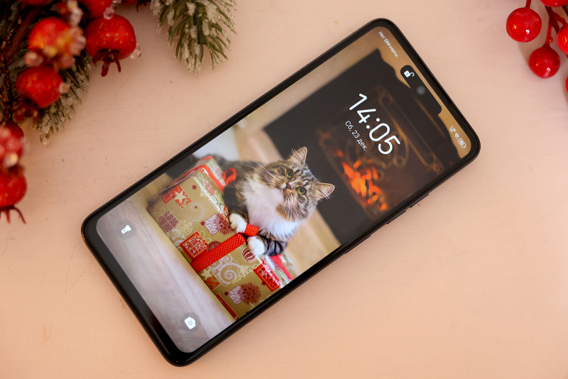  TECNO SPARK 20, лицевая панель: в верхней части экрана — отверстие с расположенной в нем фронтальной камерой, над ней — разговорный динамик и светодиодная вспышка (которая также служит индикатором питания) 